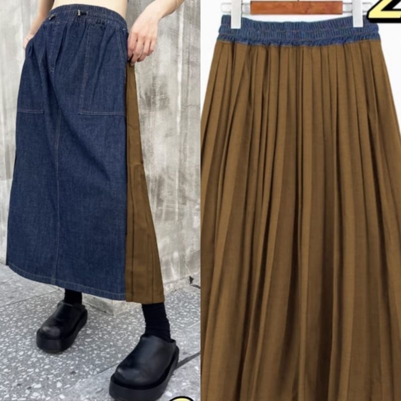 Rok jeans kombinasi rok plisket mix jeans
