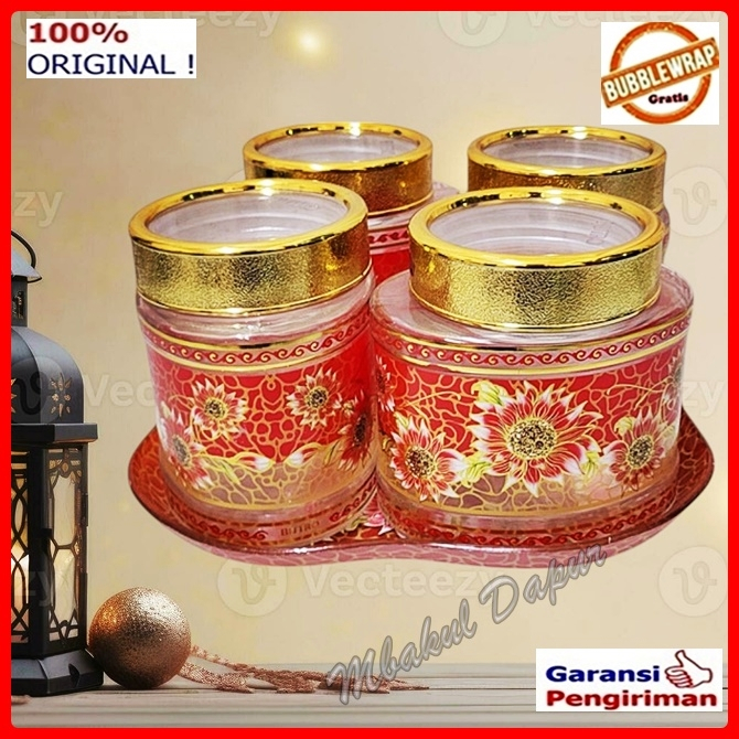 Toples Lebaran Toples Kudapan kue Kaca Mewah Bisa Putar Nampan Kaca Bistro set 4 toples