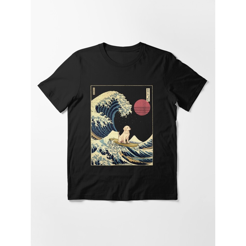 Kaos Golden Retriever Kanagawa Japanese Surfing Wave Essential T-Shirt