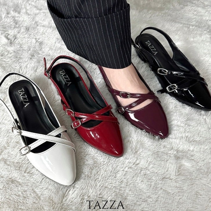 Hot Sale Sepatu Flatshoes Wanita TAZZA Heels 3cm Jennie Hitam Merah Maroon Tua Sendal Cewek