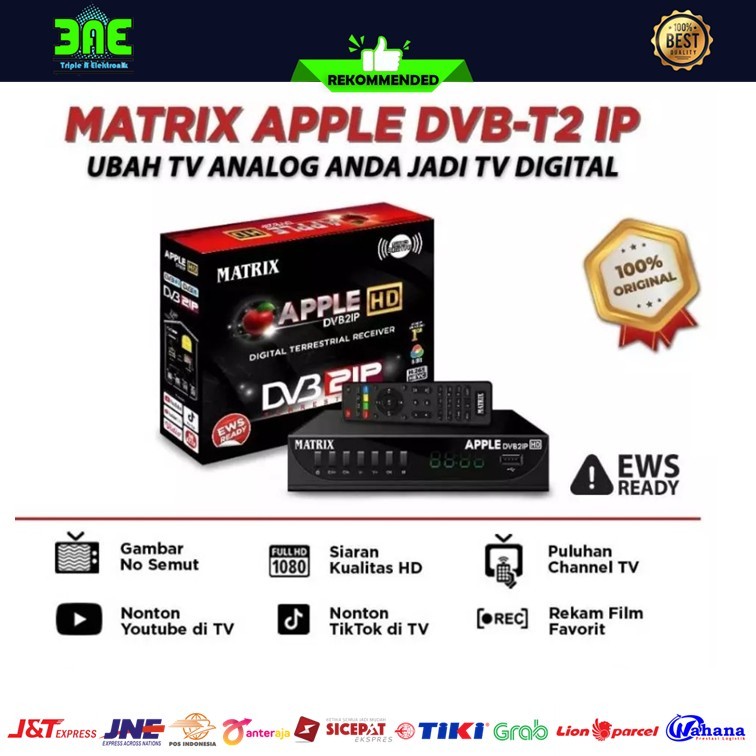 Matrix Apple DVB2IP Hitam HD DVB-T2 Set Top Box TV Digital Channel Nasional Gratis Antena UHD DVBT2