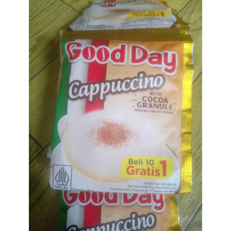 

pm, baru... Good day capuccino per renteng isi ( 10 sachet bonus 1 pcs ) @25 gr