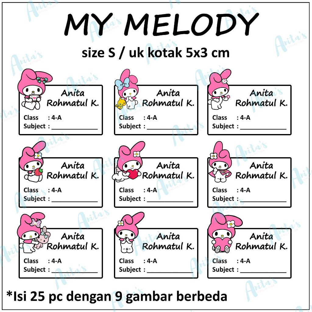 

25pcs STIKER NAMA BUKU PELAJARAN ANAK SEKOLAH tema MY MELODY | size S / 5x3 cm | CUSTOM