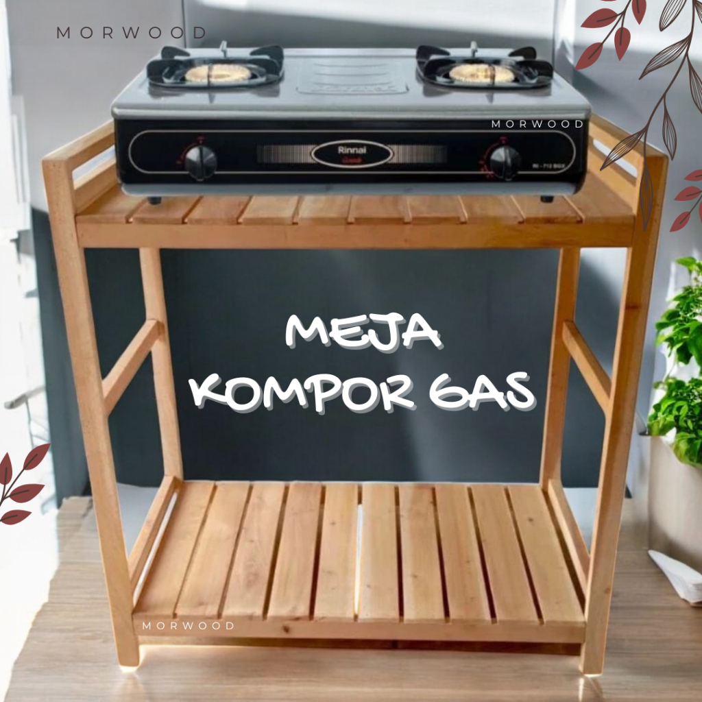 Meja Kompor Gas 2 Tingkat Rak kayu Kompor gas Serbaguna