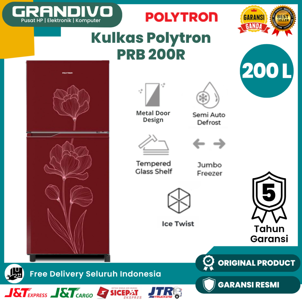 Kulkas 2 Pintu Polytron 200 Liter PRB 200R Low Watt Tanpa Bunga Es Fast Cooling Jumbo Freezer - Gran