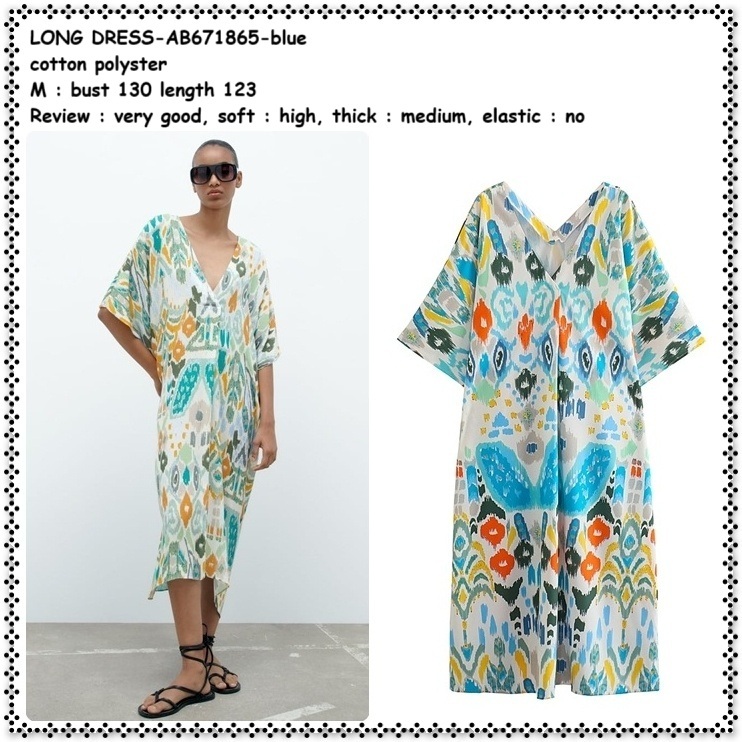 AB671865 Long Dress Midi Etnik Retro Santai Casual Wanita Korea Import Oversize Jumbo Big Size Blue 