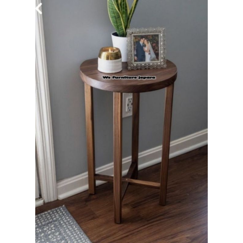 meja hias ruang tamu bulat kayu aesthetic mewah