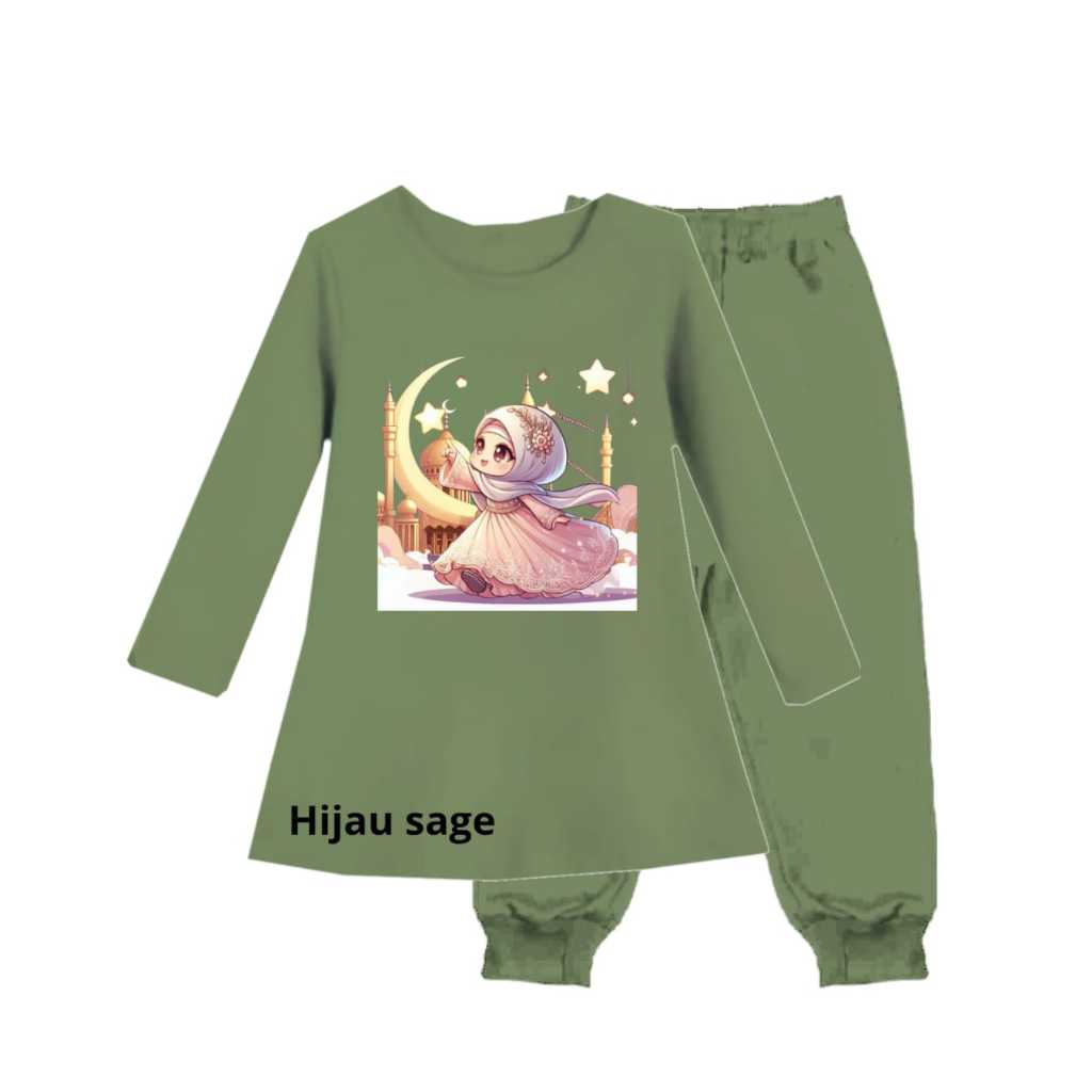 Stelan Tunik Motif Gambar KARTUN ANAK STAR Gamis Lengan Panjang Atasan Perempuan Usia 3-12 Tahun Cew