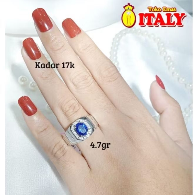 Cincin emas tua pria variasi satu permata biru