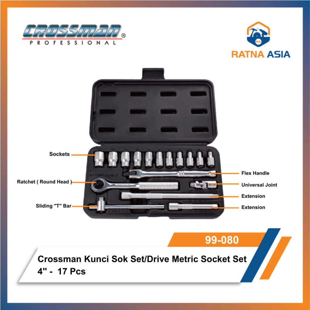 Crossman 99-080 Kunci Shock Set 17 Pcs Sok Drive Metric Socket 4"