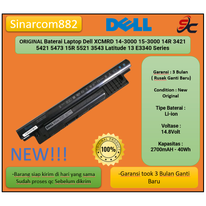 ORIGINAL Baterai Laptop Dell XCMRD 14-3000 15-3000 14R 3421 5421 5473 15R 5521 3543 Latitude 13 E334