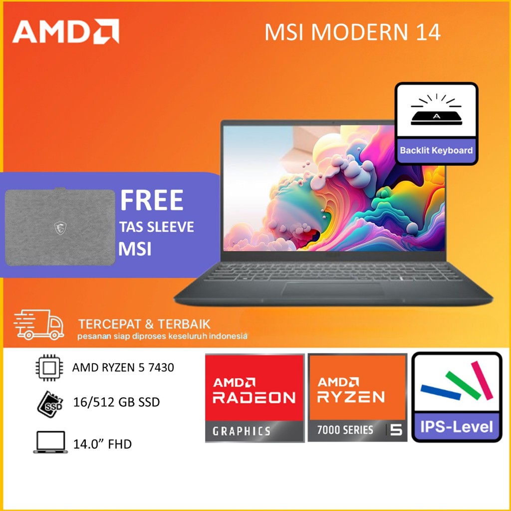MSI MODERN 14 RYZEN 5 7430U 16GB 512GB W11+OHS 14.0FHD IPS BACKLITE