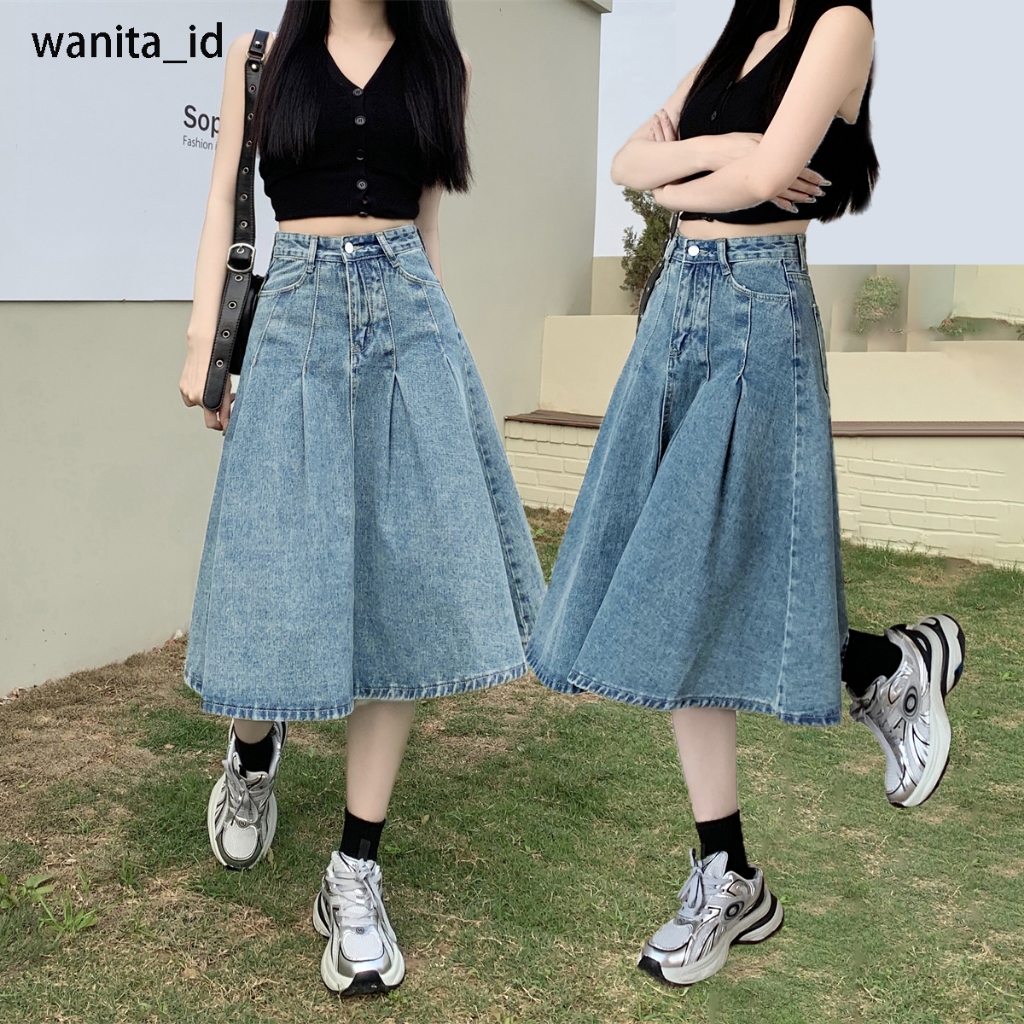 rok plisket rok midi rok jeans panjang rok korean style rok jeans jumbo