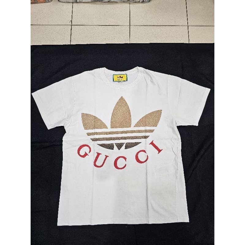 Preloved Kaos Unisex Pria Wanita Man Woman Putih White Tshirt Oversize Gucci Collab x Adidas Branded