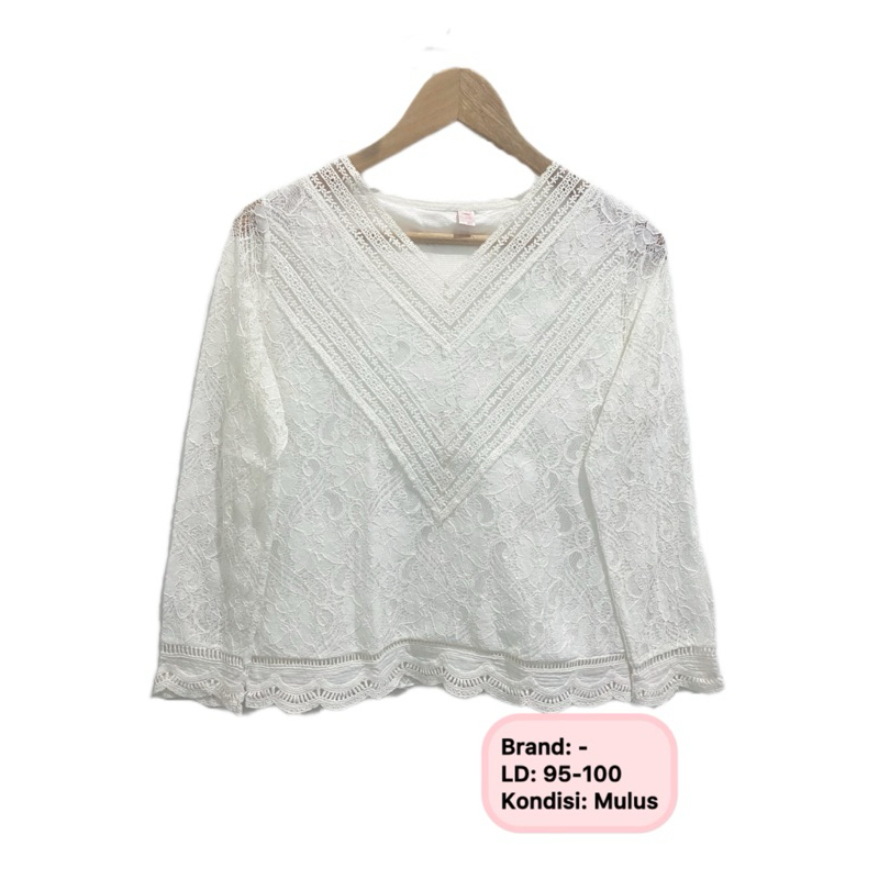 Preloved Baju Blus Brukat Rajut Putih Lengan Panjang Broken White Baju Brokat Hijab Friendly