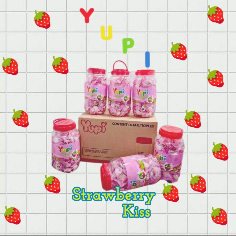 

( DUS / 6 TOPLES ) - Permen Yupi Strawberry Kiss Jar 300gr isi 6 Toples