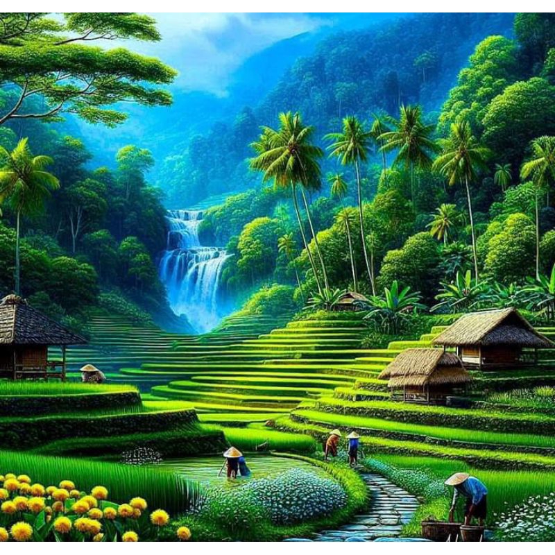 poster cetak, pemandangan pesawahan, hiasan dinding, pemandangan pesawahan, bisa cod