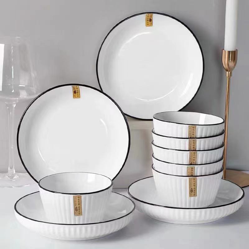 ASHOME Piring Keramik Makan Putih list hitam elegant mewah/ Piring Makan Jepang / Piring Makan tahan