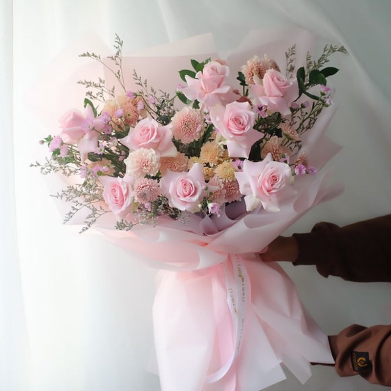 Artisan Bouquet Bunga Fresh Mawar Pink Bouquet Besar Buket Cantik Bunga Asli