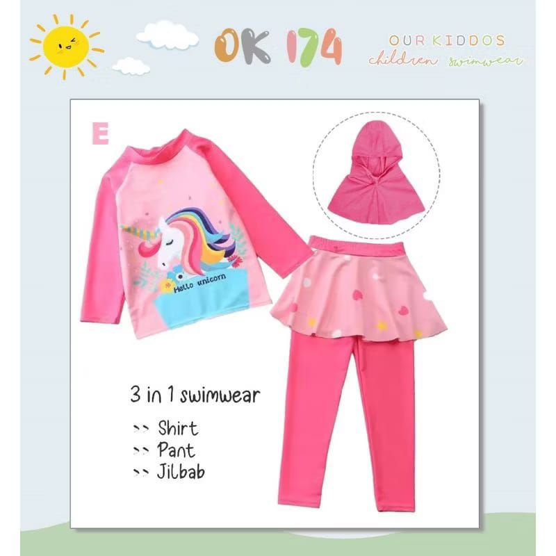 OK174 BAJU RENANG ANAK PEREMPUAN / BAJU RENANG ANAK UNICORN / BAJU RENANG ANAK MUSLIM / BAJU RENANG 