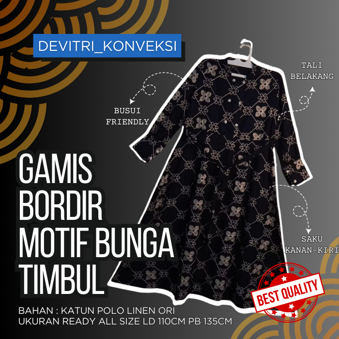 GAMIS BORDIR TIMBUL SIMPEL ELEGAN II BAHAN KATUN LINEN ADEM LEMBUT
