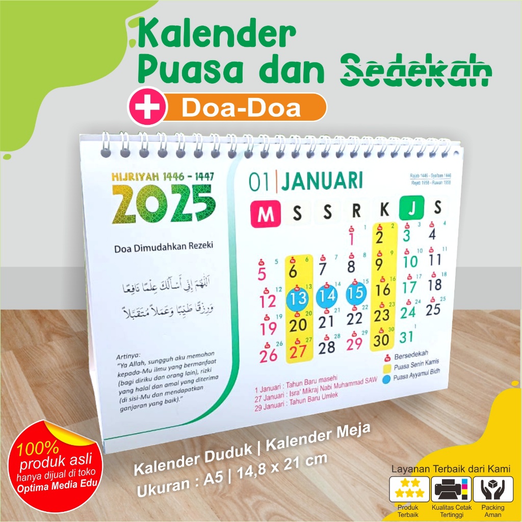 

Kalender Puasa, Sdkoh, dan Doa-Doa Harian 2025 - Ukuran A5 (14,8 x 21 cm) - kalender meja