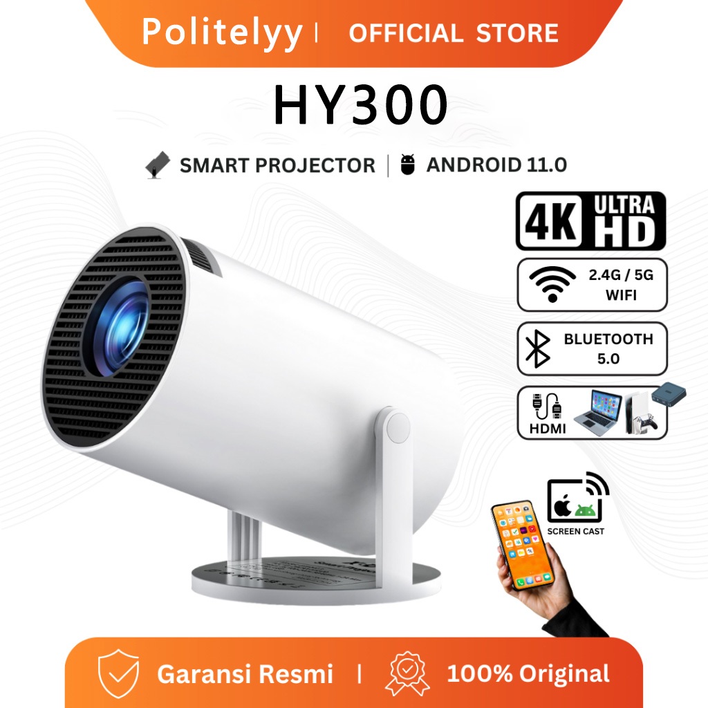 XGODY HY300 Gimbal3 Smart Proyektor Android 11.0 4K UHD WiFi6 Bluetooth 5.0 1GB+8GB