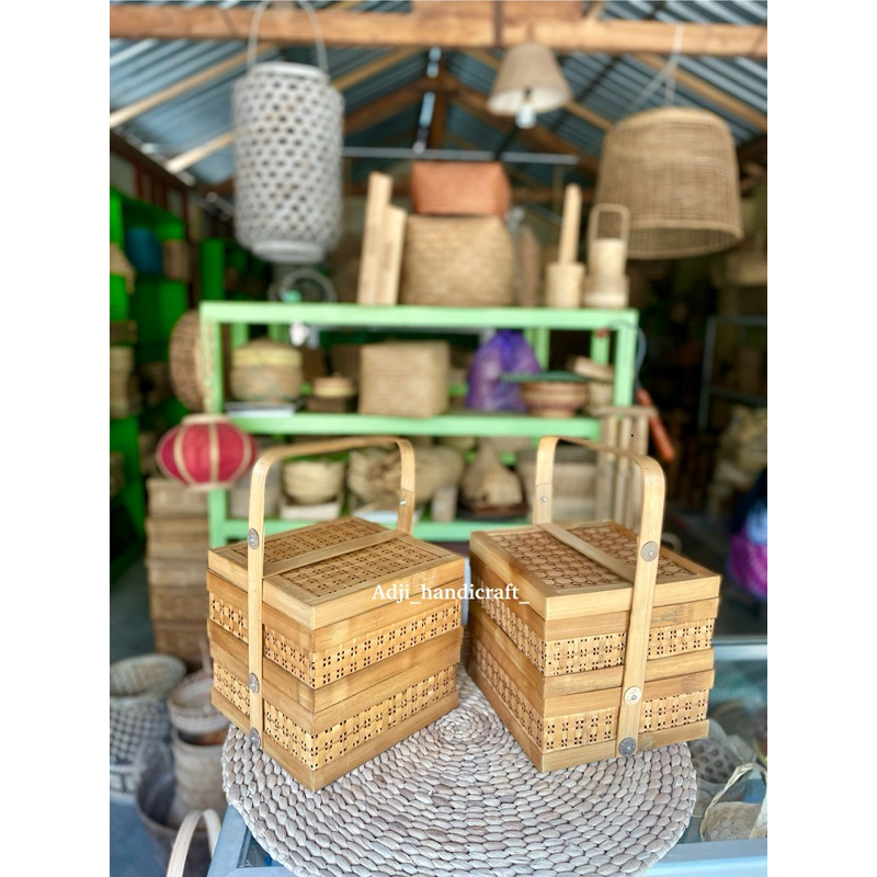 Rantang Bambu Kotak 25x25 cm susun 2 asap | Rantang Bambu Anyaman | Rantang Bambu Kotak | Box Bambu 