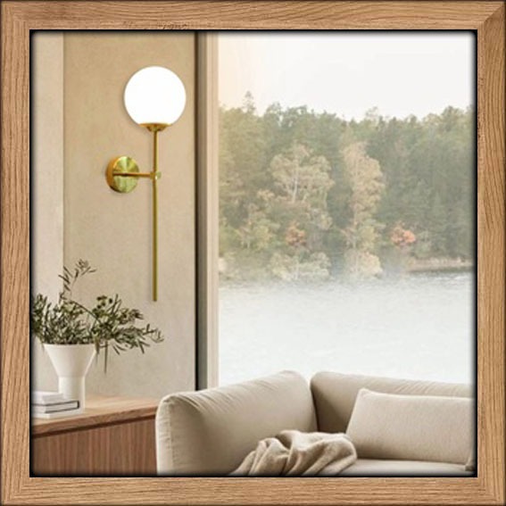 Lampu hias dinding MODERN MINIMALIS GOLD SPEAR GLASS tiang panjang gelas bola kaca putih susu lighti