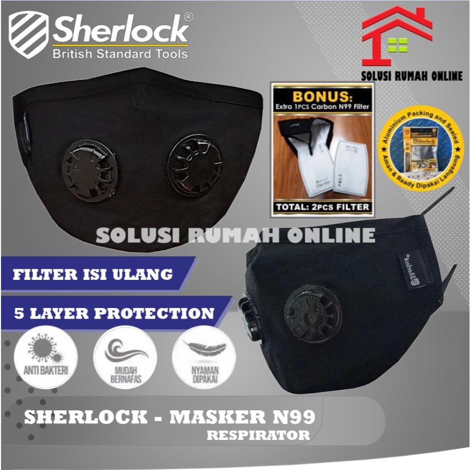 Sherlock Masker Respirator Motor N99 Carbon Filter Dual Valve Masker Kain N 99 Filter Karbon