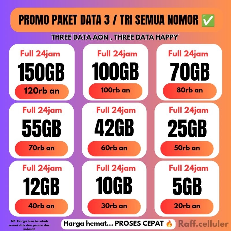 [SALE MURAH] KUOTA 3 TRI AON HAPPY THREE FULL KUOTA 24JAM NASIONAL 30HARI 100GB 50GB 25GB 10GB
