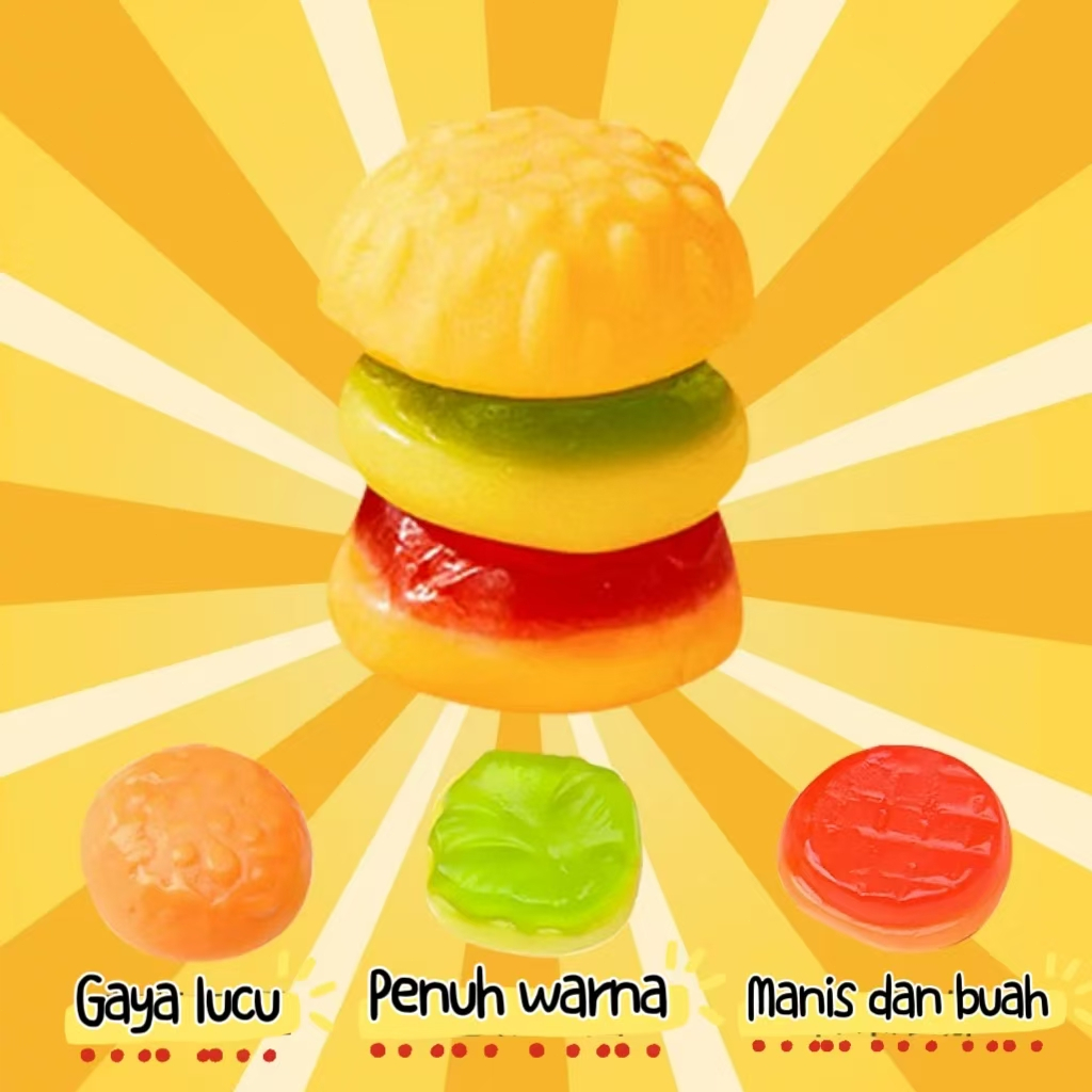 

【HALAL】【Harga Grosir】 Fudge Hamburger Imitasi Massal Permen Impor 7 Rasa Burger Buah Rasa manis dan asam 200g-500g