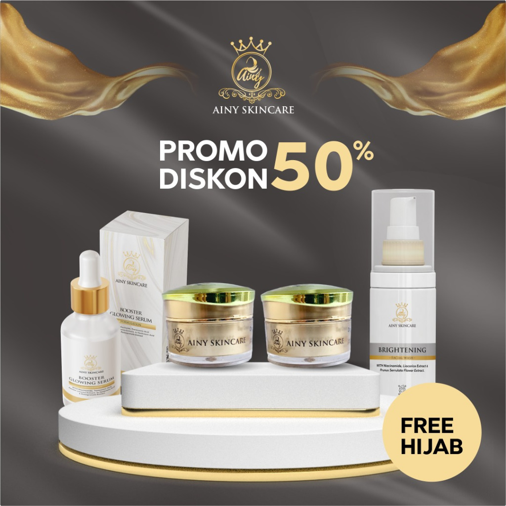 PAKET  GLOWING AINYSKINCARE FREE HIJAB serum facial wash cream siang cream malam