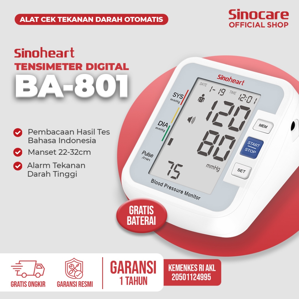 Sinocare BA-801 Tensimeter Digital Lengan Atas, Alat Cek Tekanan Darah dan Detak Jantung