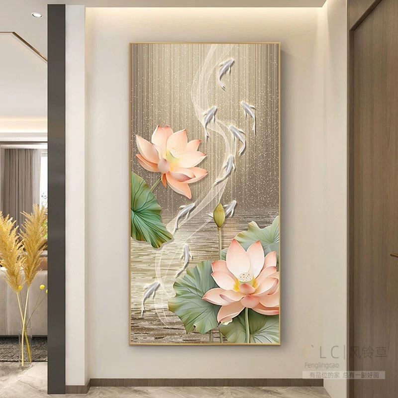 Lukisan Porcelain 5D Diamond Motif Bunga Teratai Ikan Koi Pajangan Dinding Porselen 5 Dimensi Krista