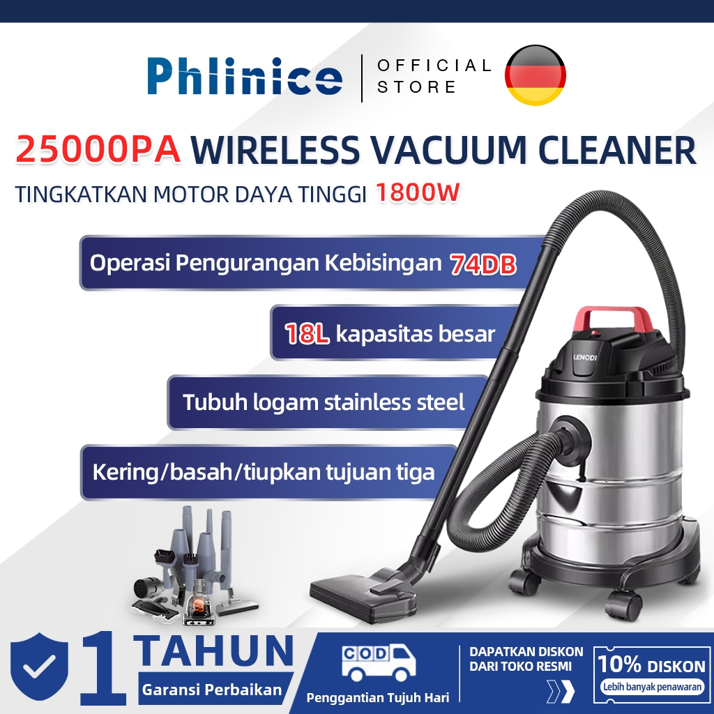 Phlinice Vacuum Cleaner 18L 2000W 3in1 Vakum/Air Hisap/Blower Sedot Debu Basah Kering Vacum Blower W