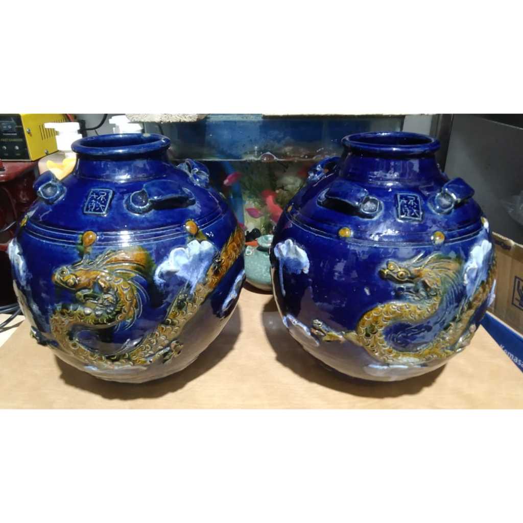 Guci Jepang Naga Timbul Stempel China Keramik Biru Kuno Jadul Antik