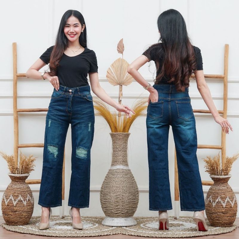 A38 Cullotes Sobek Lapis - Kulot Jeans Ripped - Hijab Friendly - Jeans Whisker Wanita Highwaist