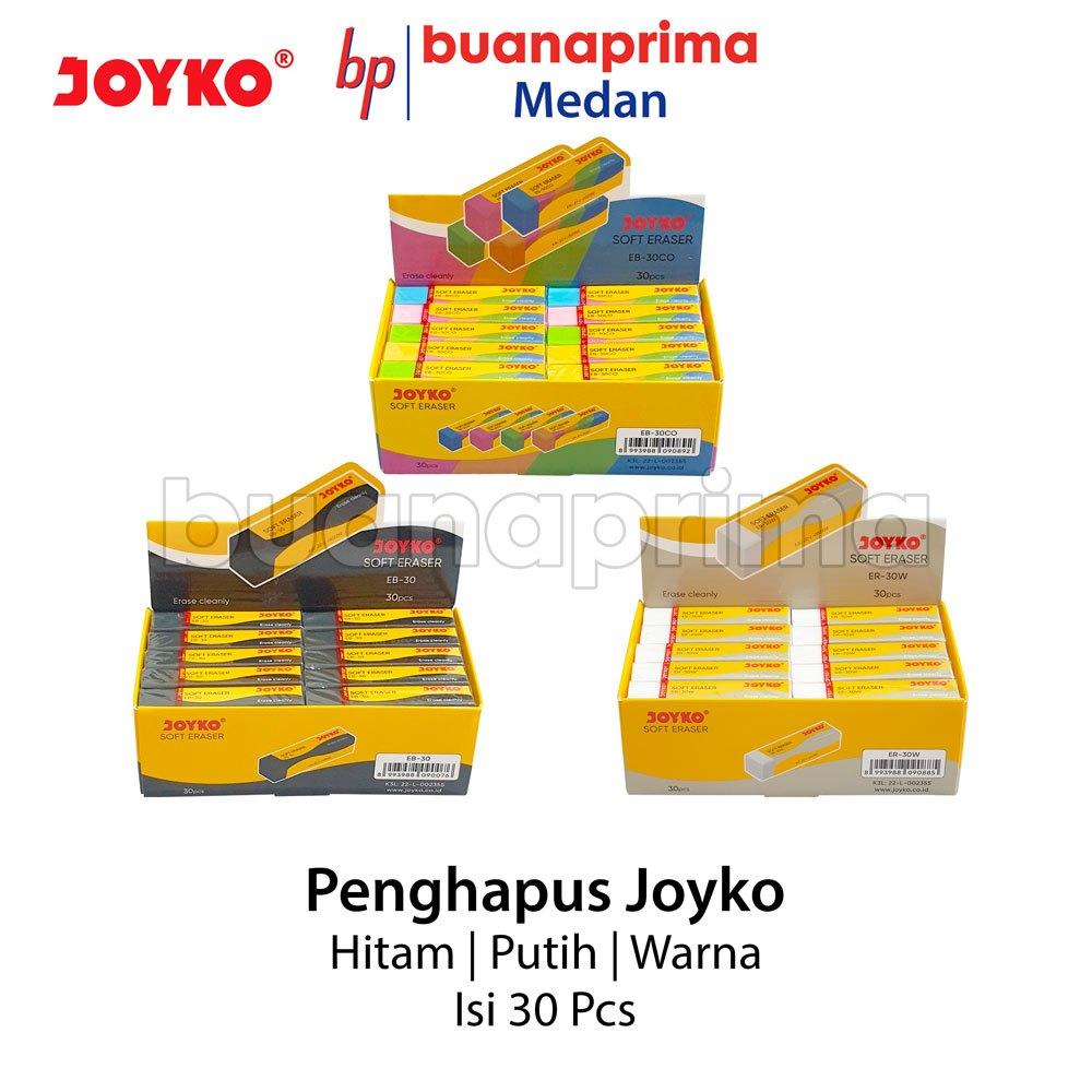 

PENGHAPUS JOYKO per Box isi 30 pcs EB-30 EB-30CO ER-30W Stip Warna Warni Hitam Putih Soft Eraser