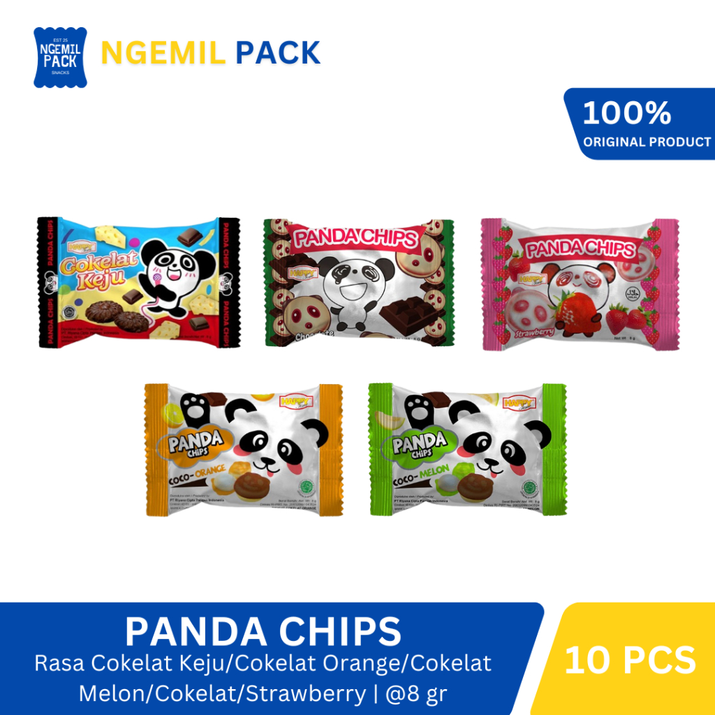 

Happy Time Panda Chips Cokelat Keju/Cokelat Orange/Cokelat Melon/Cokelat/Strawberry Isi 10pcs @8Gr