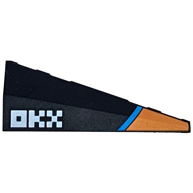 Lego Black Part 3504pb01 Wedge 5 x 2 Left with Orange Panel, Dark Azure Stripe, White Pixelated 'OKX