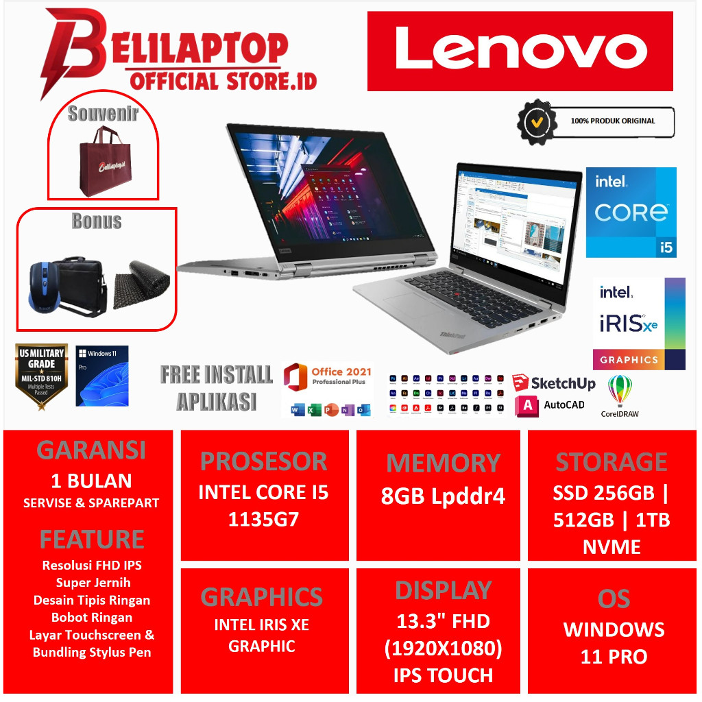 Laptop Touchscreen Lenovo Thinkpad Yoga L13 Intel Core I5 Ram 8GB SSD 1TB 13.3 FHD IPS Touchscreen