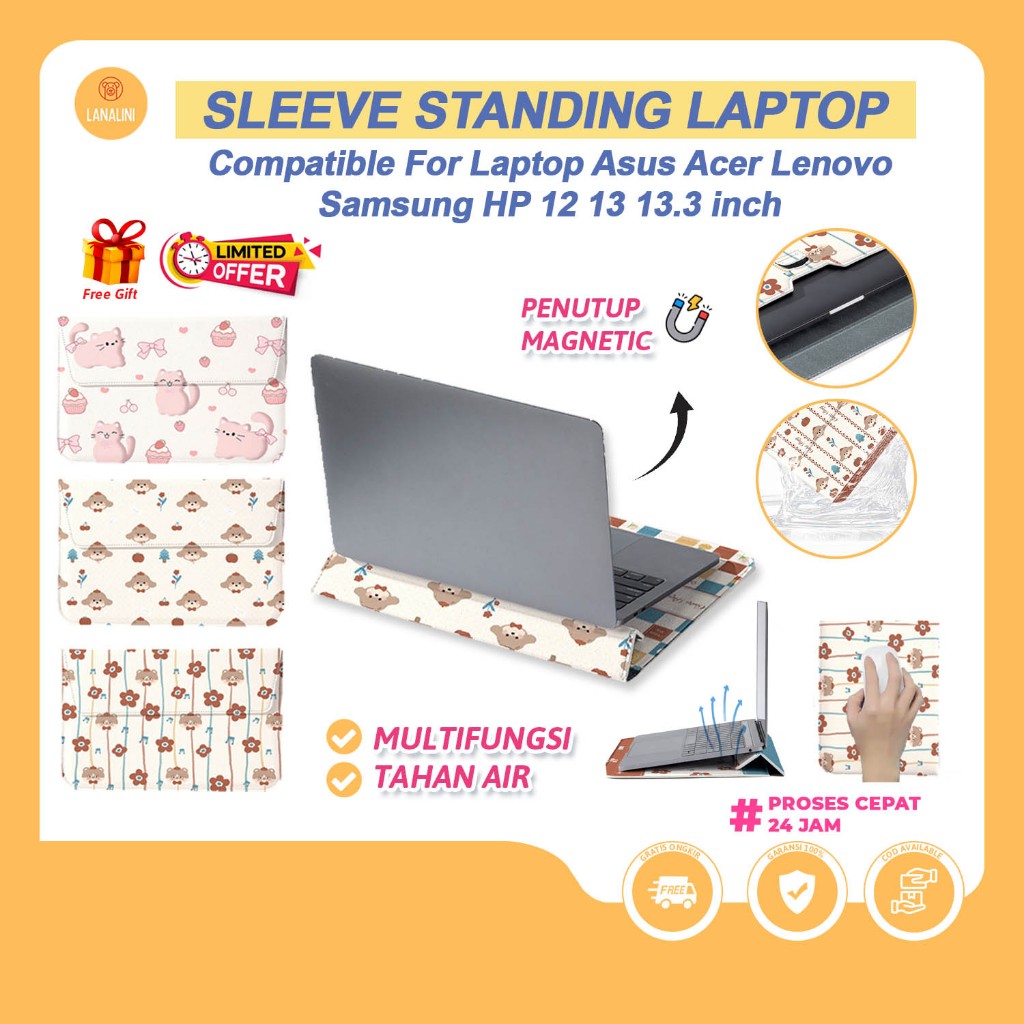 Tas Sleeve Standing Laptop Asus Acer Lenovo HP 11 12 13 inch Pouch Sarung Horizontal Kulit PU Case C