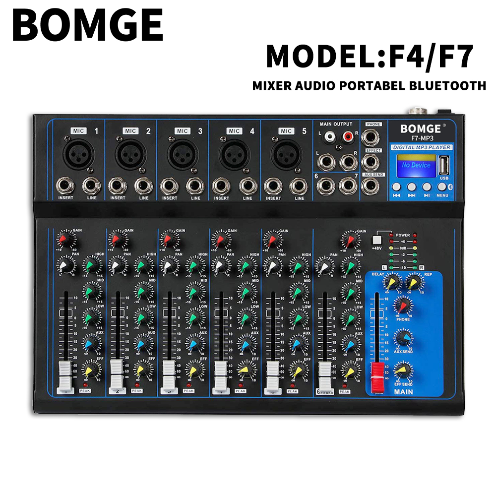 BOMGE F7 Audio Mixer 17V AC USB DJ Sound Mixing Console MP3 Jack 48V Power SoundCard Mixing Console 