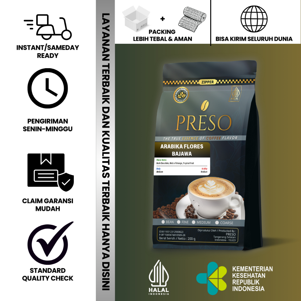 

PRESO Biji Kopi Bubuk Arabika Flores Bajawa Coffee Roast Beans Espresso Bean Coffe 200 gram