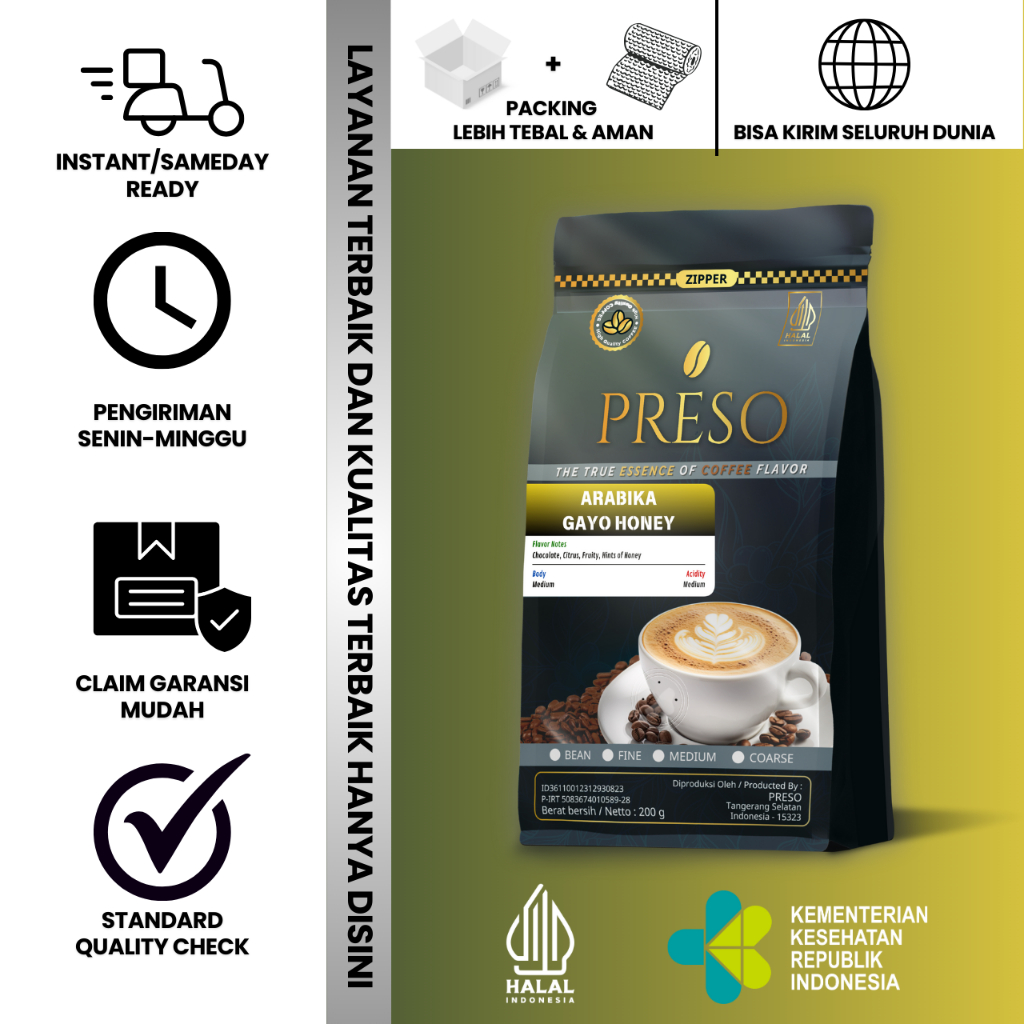 

PRESO Biji Kopi Bubuk Arabika Gayo Honey Sumatra Coffee Roast Beans Espresso Bean Coffe 200 gram