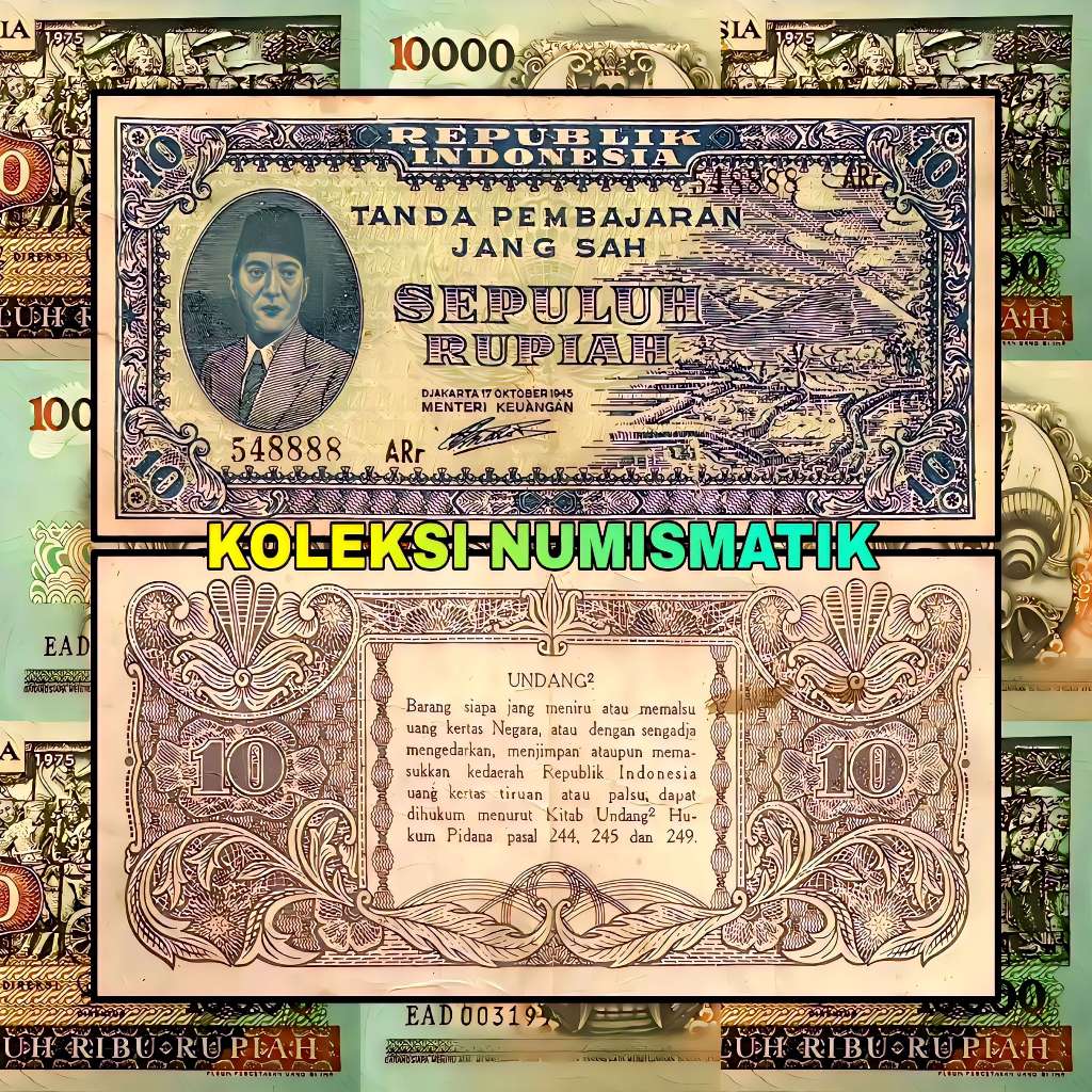 SOUVENIR UANG KERTAS KUNO INDONESIA 10 RUPIAH ORI I SOEKARNO 1945