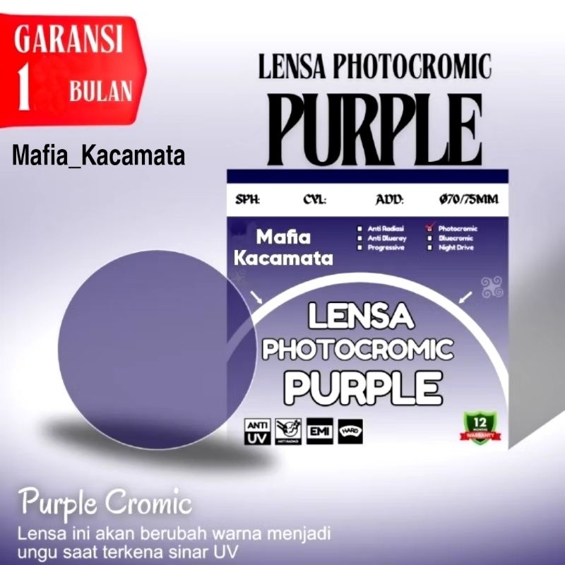 Lensa Photocromic Purple/Ungu 1,56 Antiradiasi Bisa Berubah Warna menjadi Ungu Saat Terkena Sinar Ma