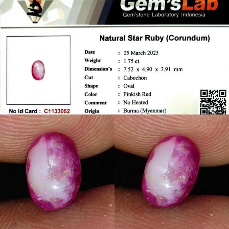 Natural Star Ruby Burma No Heated Belang Koi Merah Putih 1.7ct GLI Material Crystall Nice Color Star
