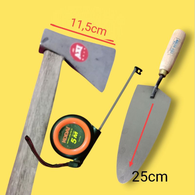 Paket Murah - Sendok Semen Galur Asli 25cm, Kapak Jumbo Baja Per, dan Meteran Tukang 5 Meter